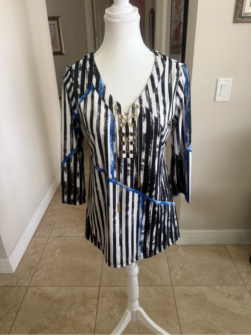 Melissa Paige Black, White & Blue Lace-Up Striped Tunic